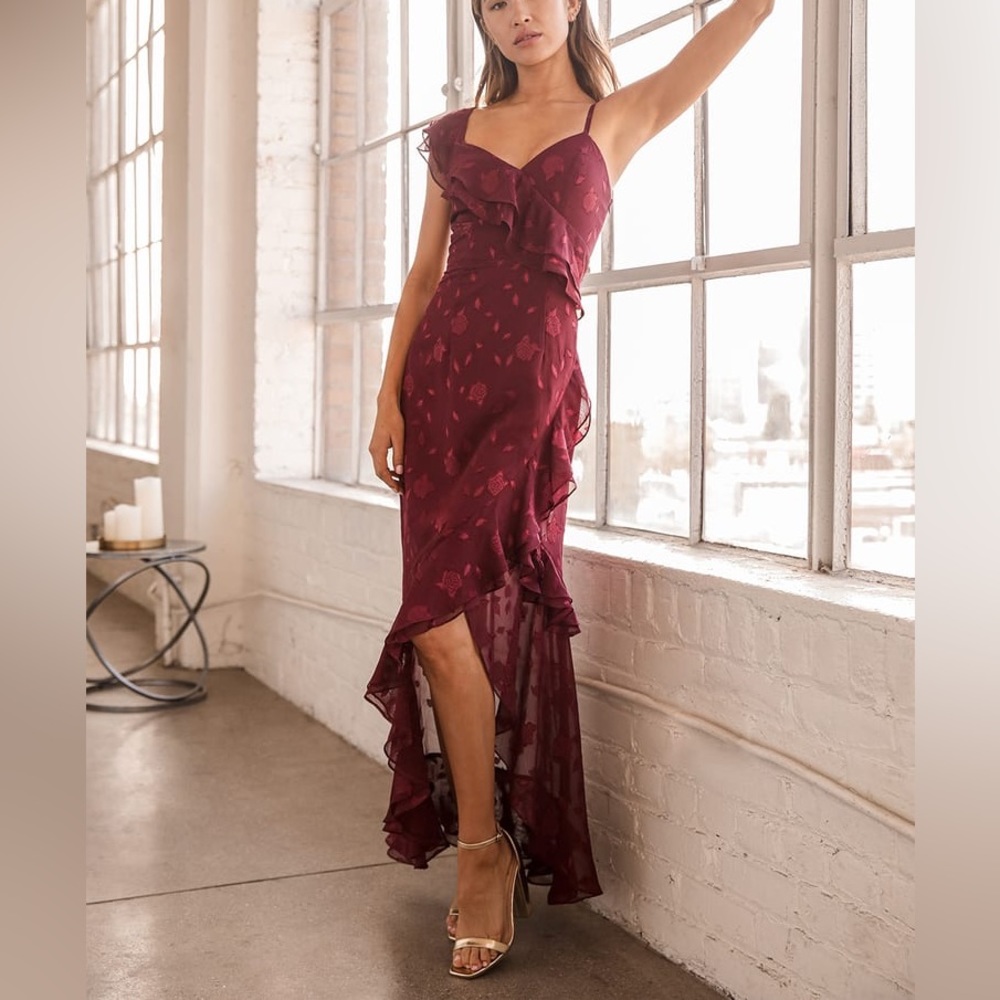 Lulus Forever Be Burgundy Floral Jacquard Ruffled Maxi Dress